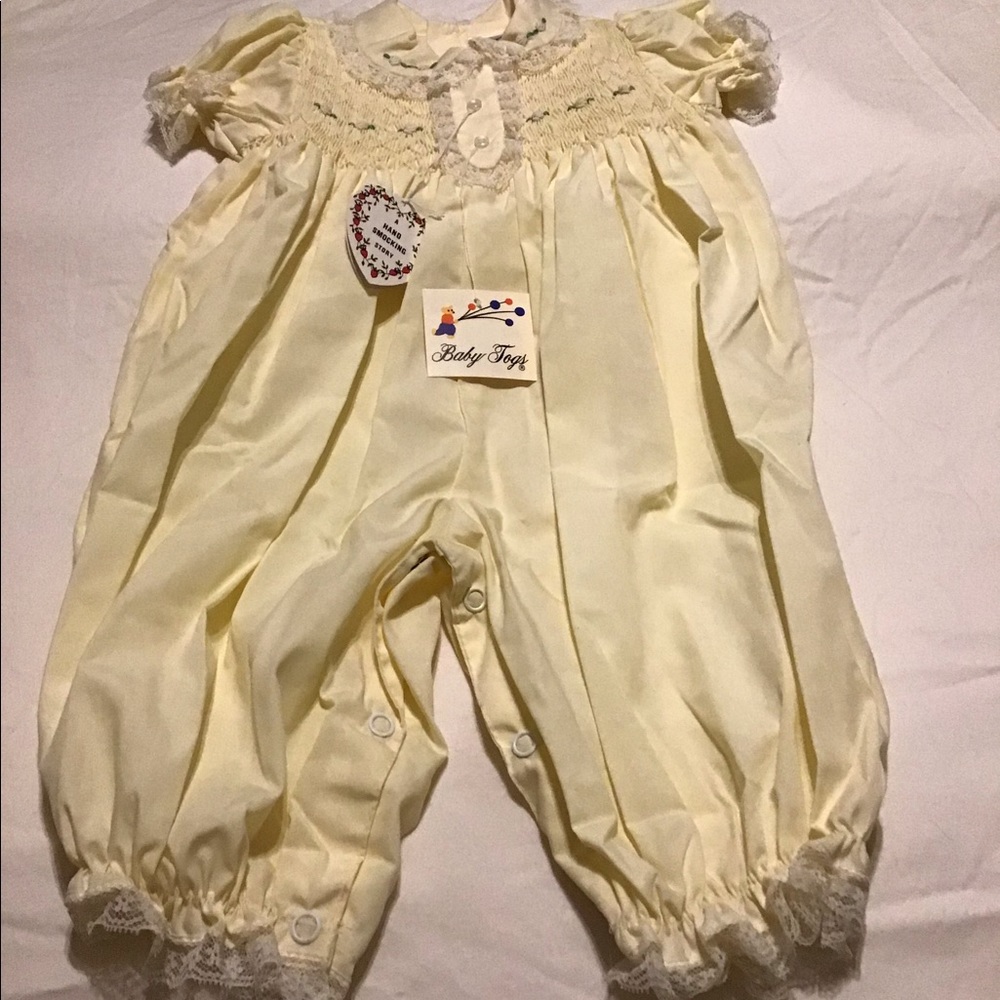 Vintage Baby Togs Smocked Yellow Long Rompers